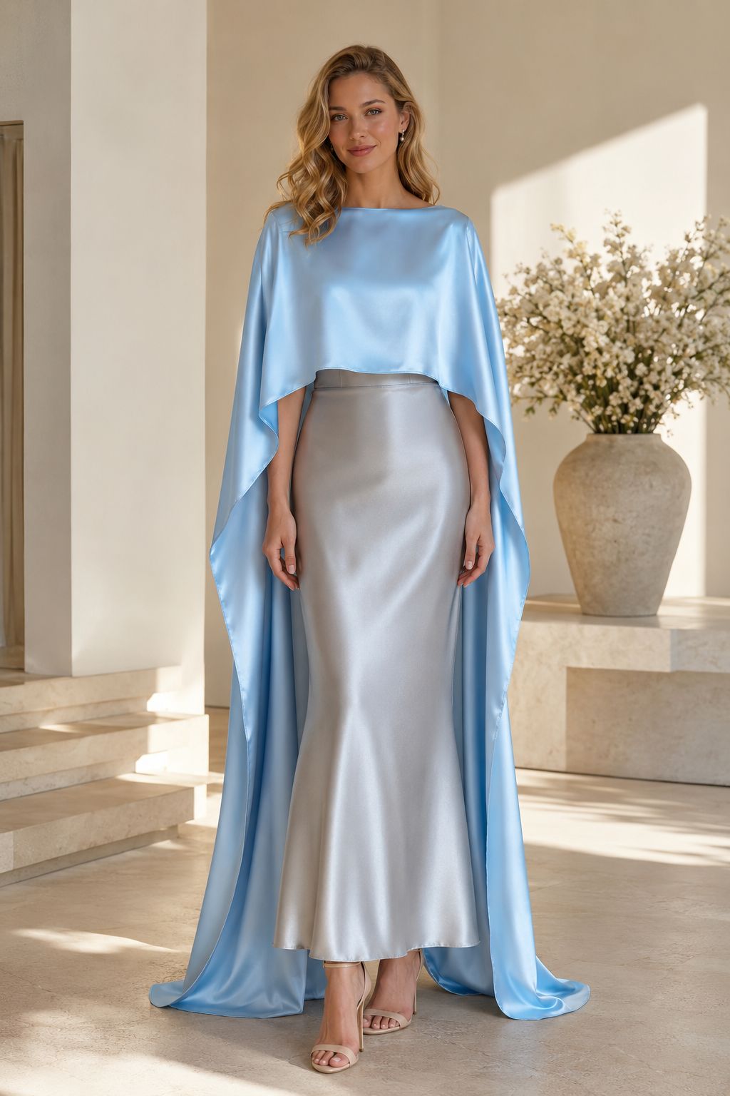 A woman models a floor-length satin gown with a light blue cape overlay and a silver-gray fitted skirt, standing in a sunlit indoor setting with a large vase of white flowers in the background.