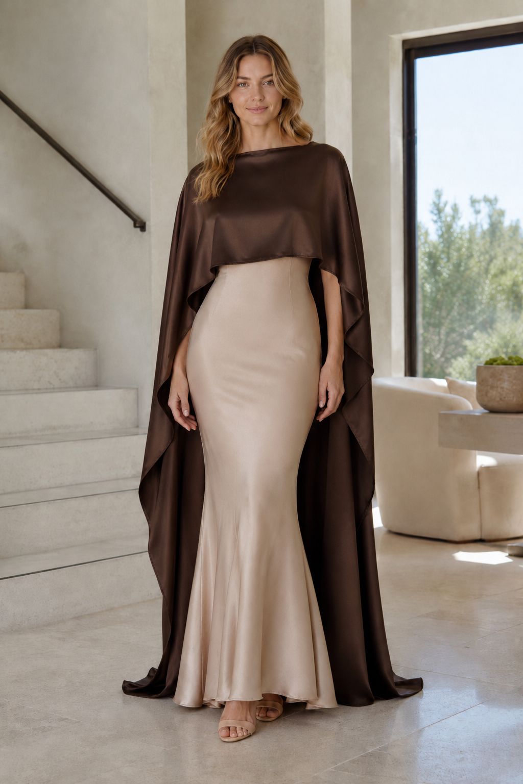 Chocolate brown satin cape poncho with a short front and long back