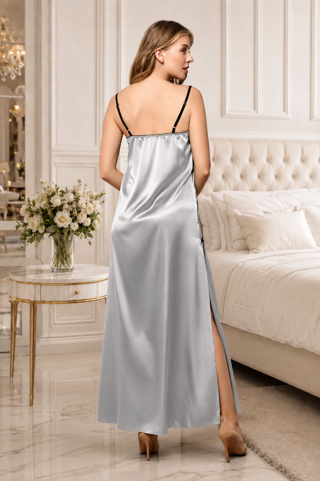 Silver gray bridal lingerie set in a luxury bedroom