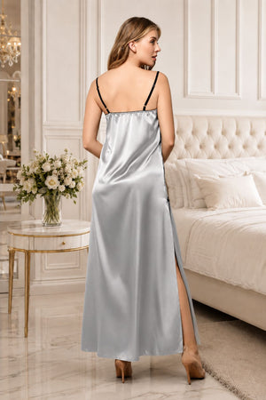 Silver gray bridal lingerie set in a luxury bedroom