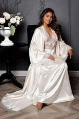 Long satin robe with lace trim sleeves bridal getting ready outfit