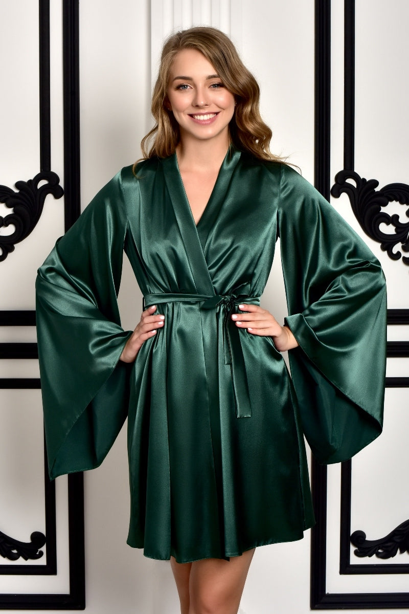 Dark Green Bridesmaid Short Kimono Robe - Front View