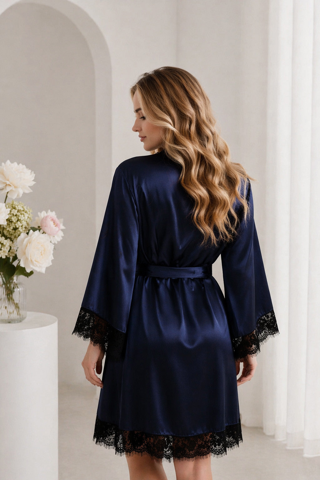 Women's luxury satin robe blue, smooth shiny fabric with tie belt, evening loungewear