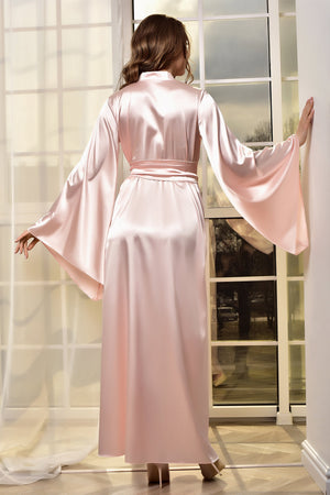 Romantic pink satin robe with wide sleeves
