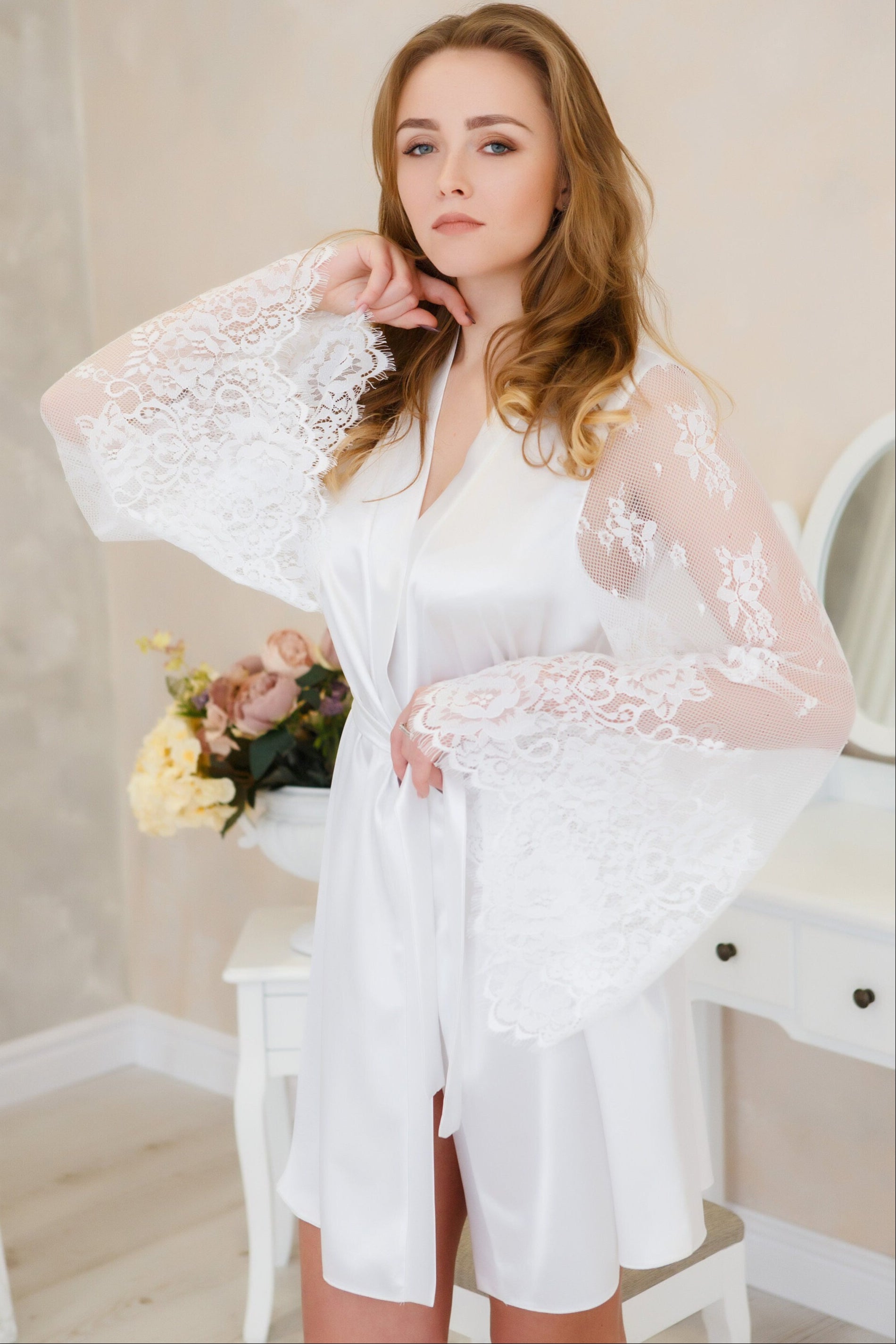 Angel Style Lace-Sleeve Robe - Handcrafted Bridal Loungewear
