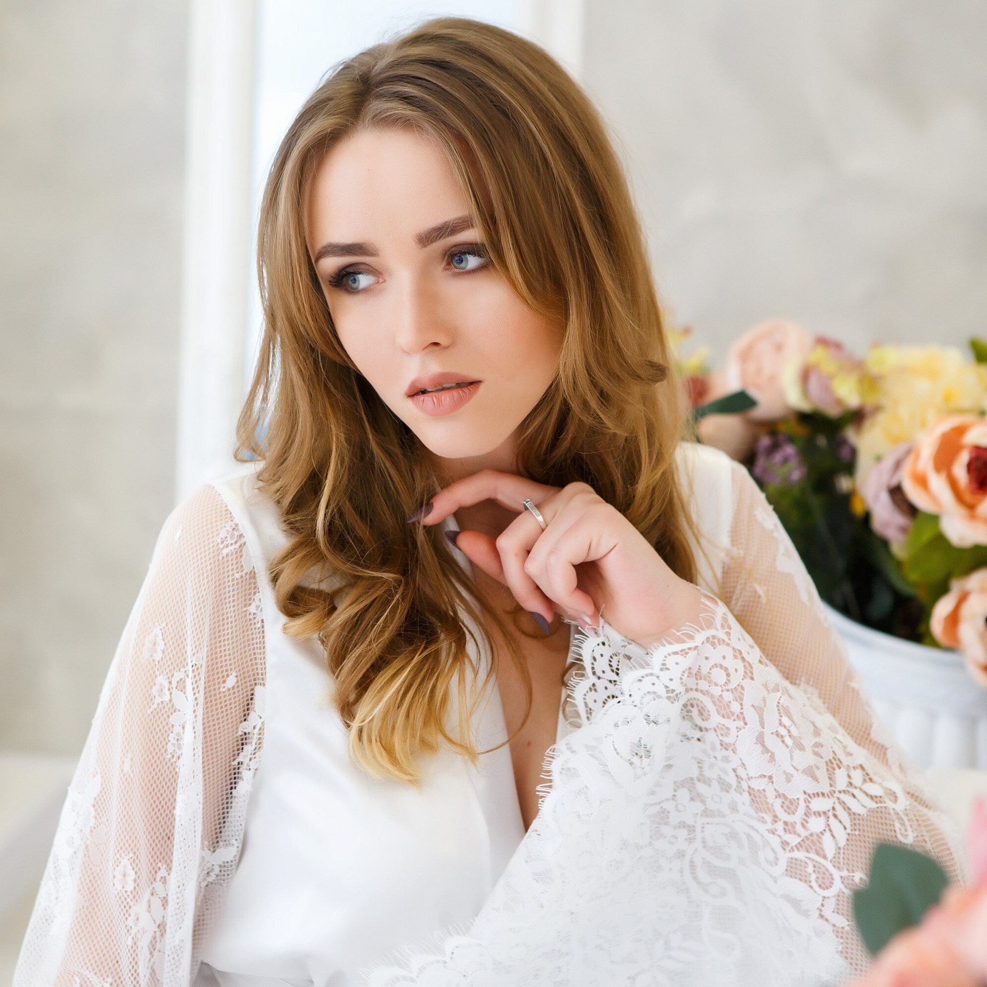 White lace bridal robe with flowers