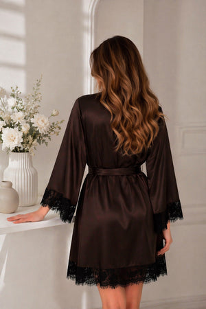 dark brown robe, chocolate satin robe, lace trim kimono, bridal robe women, luxury satin robe, short lace robe, honeymoon robe, silky robe women, elegant loungewear, custom size robe, satin sleepwear, bridal getting ready robe, womens satin robe