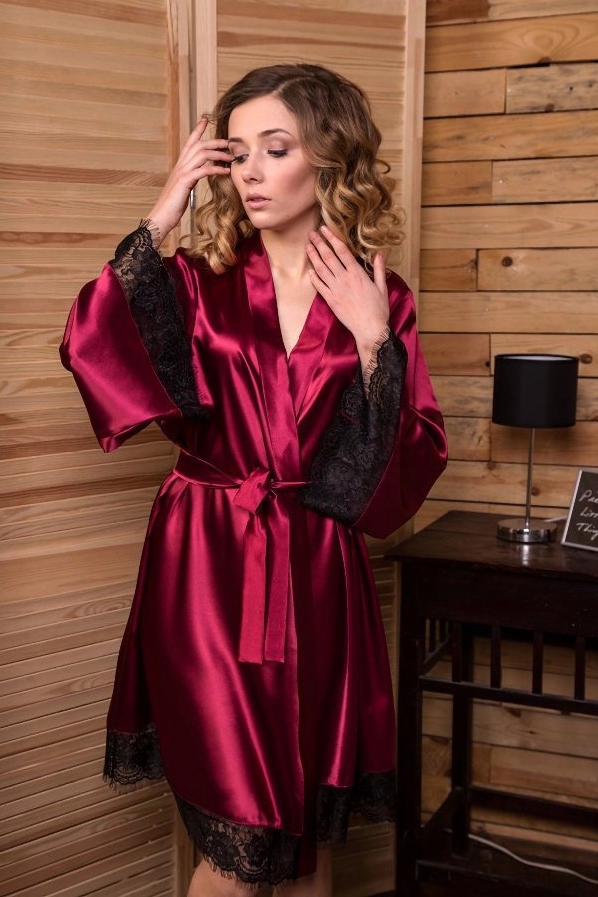 Burgundy Satin Robe with Black Lace-Trim - Front View