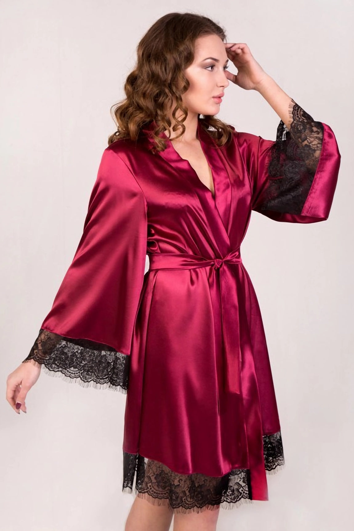 Bachelorette Party Robe - Burgundy Satin with Lace Trim