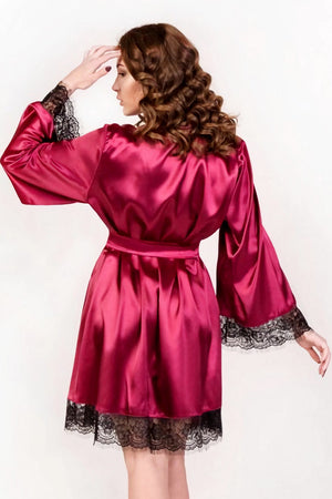 Burgundy Bridesmaid Robe - Black Lace