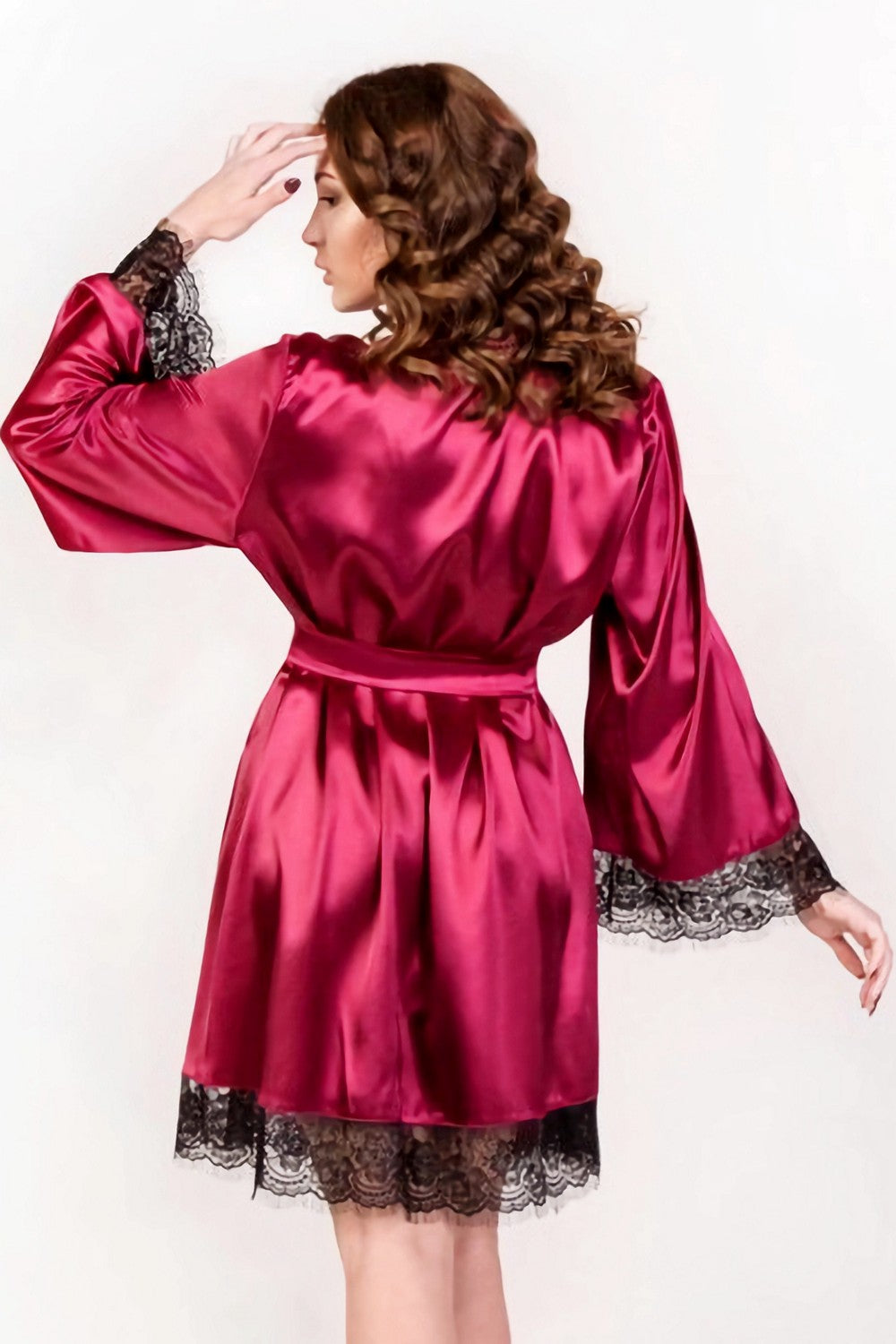 Short-Length Robe - Lace-Trim Sleeves and Luxurious Satin
