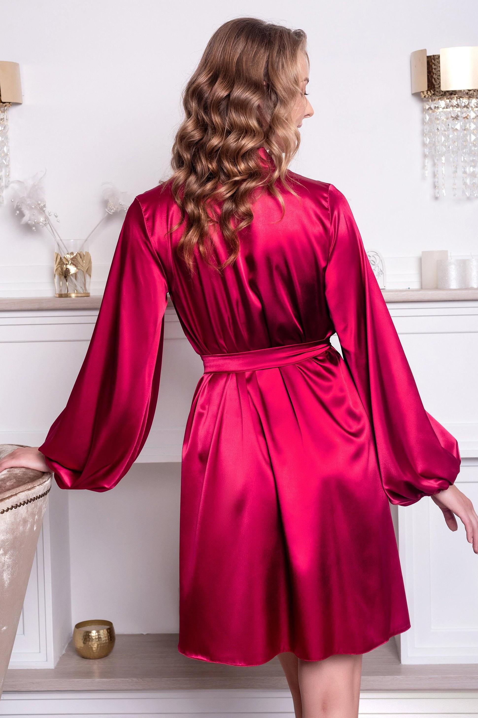 Deep wine satin bridal robe short — bridesmaid or romantic gift