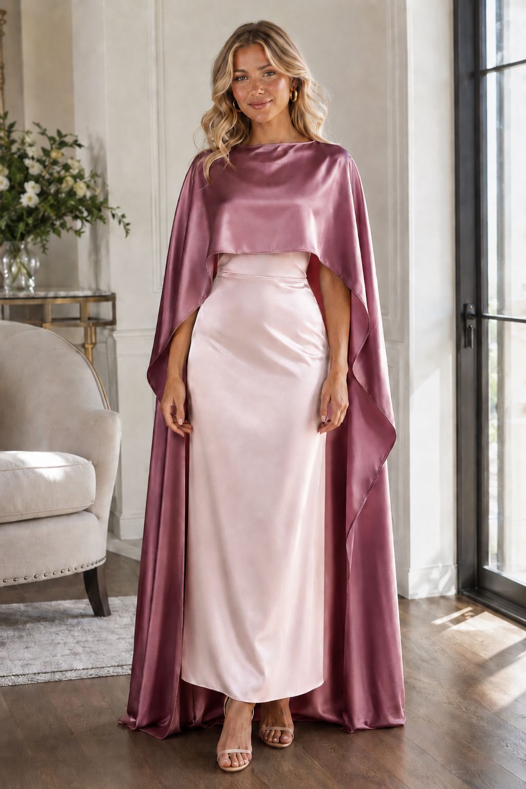 A woman models a two-piece satin dress set featuring a dusty rose cape top and a light pink high-waisted skirt, set in a bright, modern room with a window and armchair.