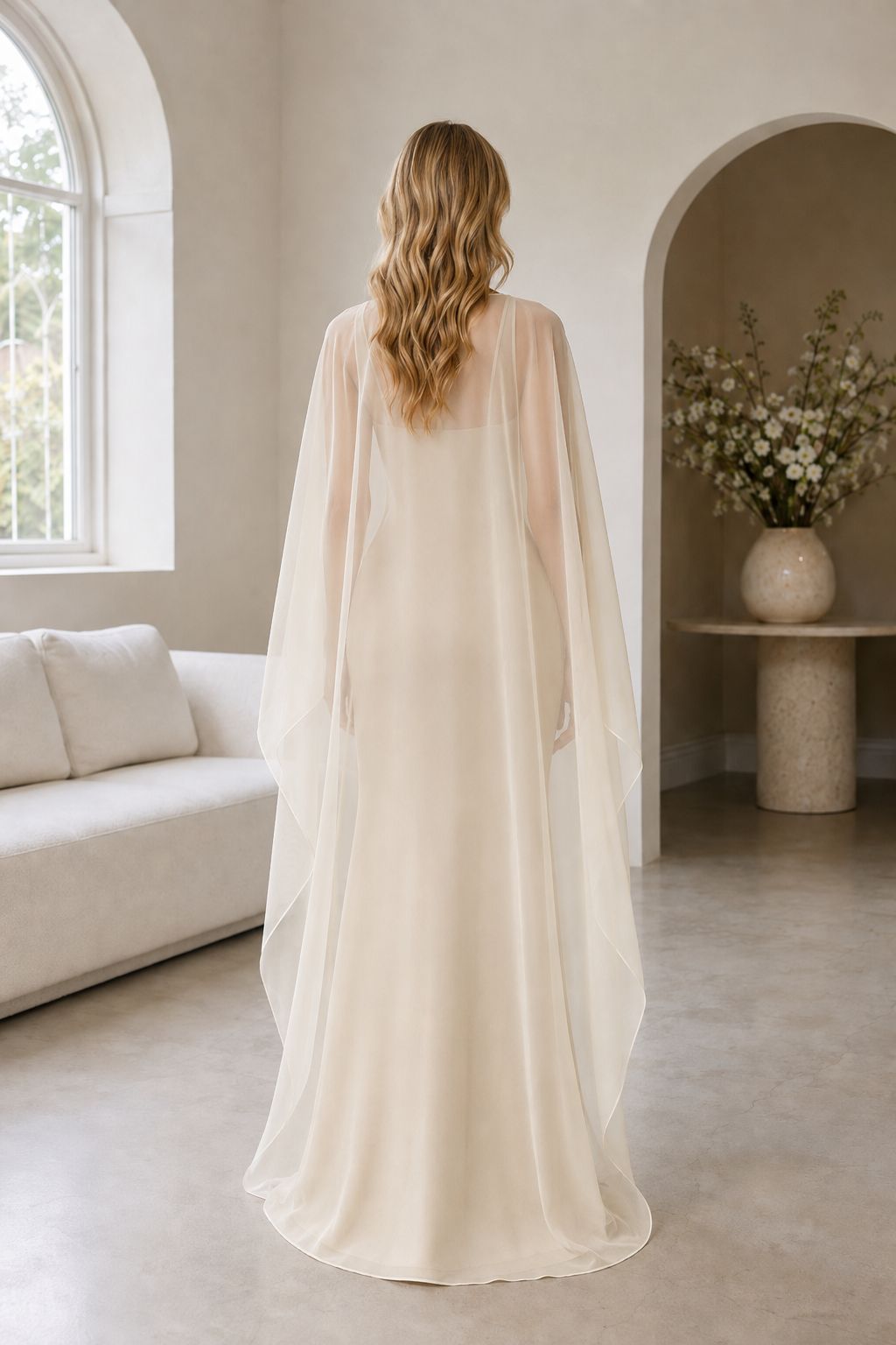 Custom length bridal chiffon cape for wedding gown