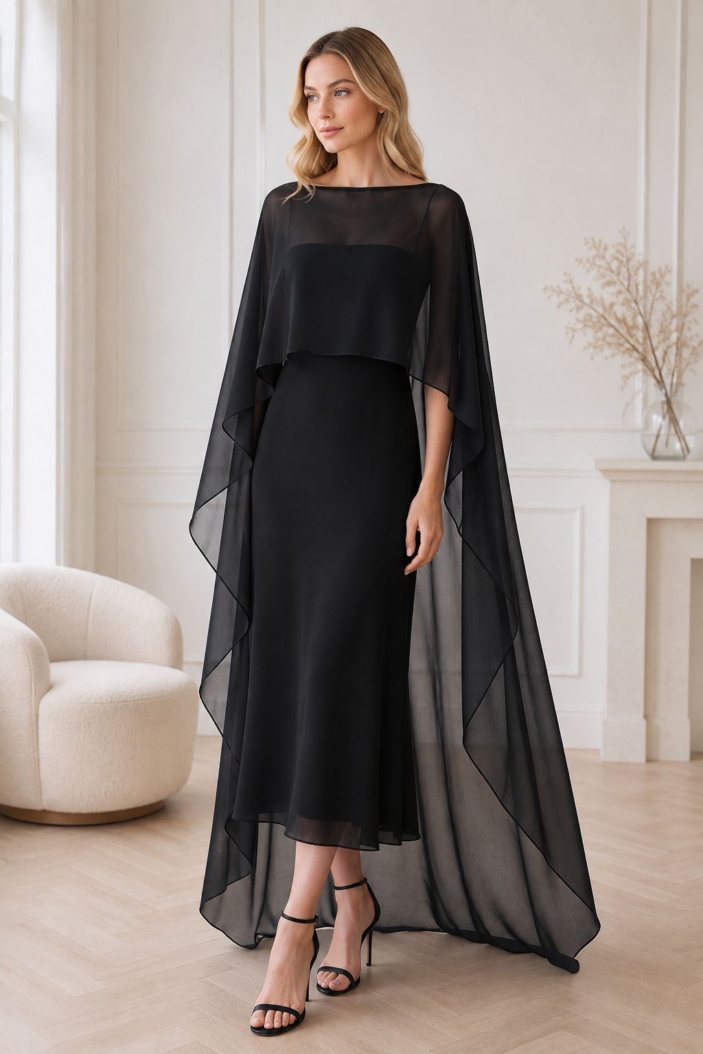 Front view:
Black chiffon cape for dress with short front and long flowing back