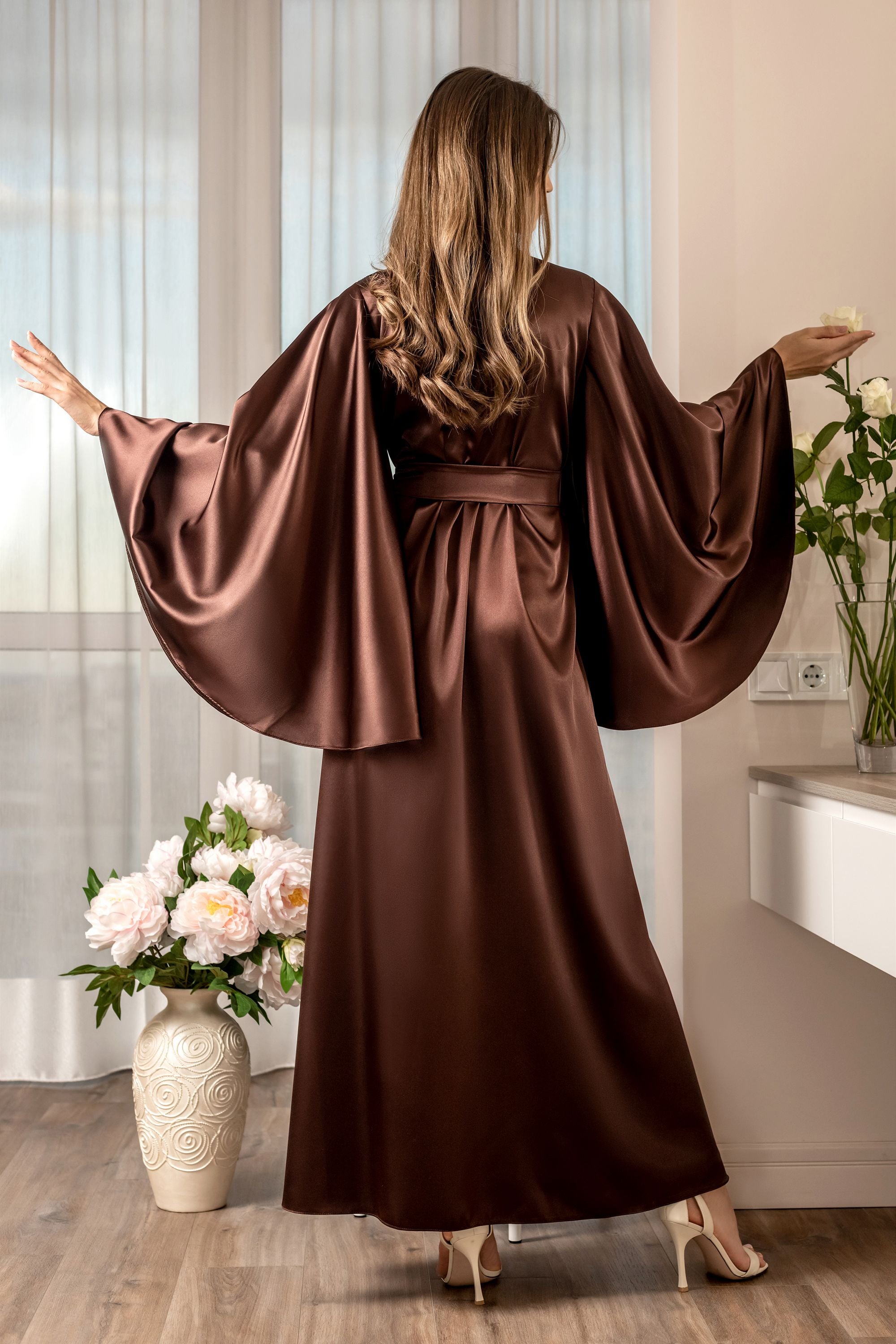 Warm brown satin robe for elegant home lounging
