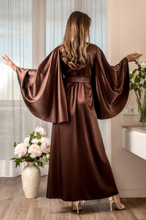 Warm brown satin robe for elegant home lounging