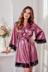 Pink silk-like kimono robe with belt for women, luxury lounge and sleepwear
