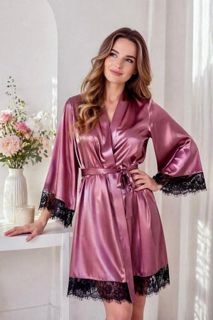 Pink silk-like kimono robe with belt for women, luxury lounge and sleepwear