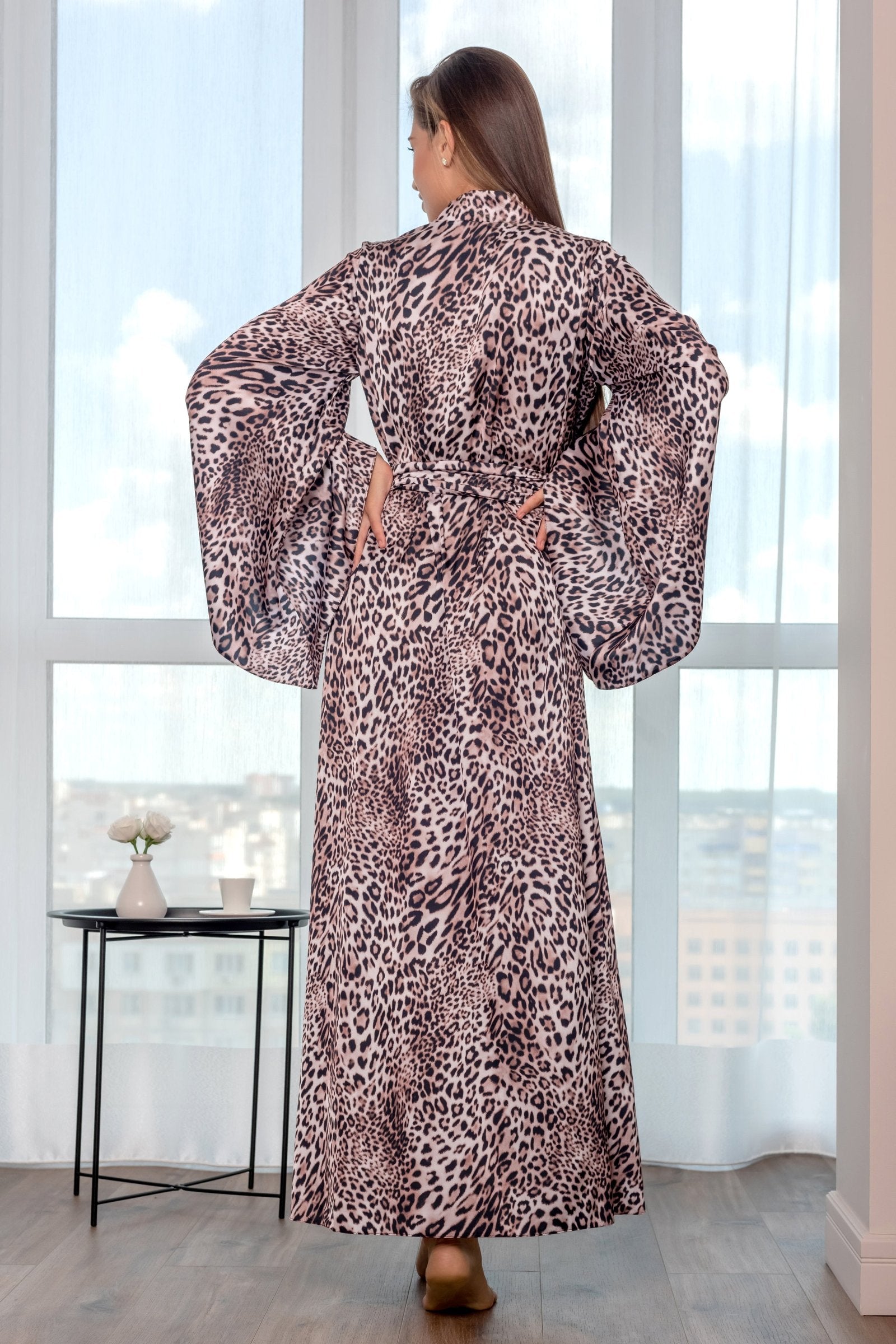 Bridesmaid leopard kimono robe - back view