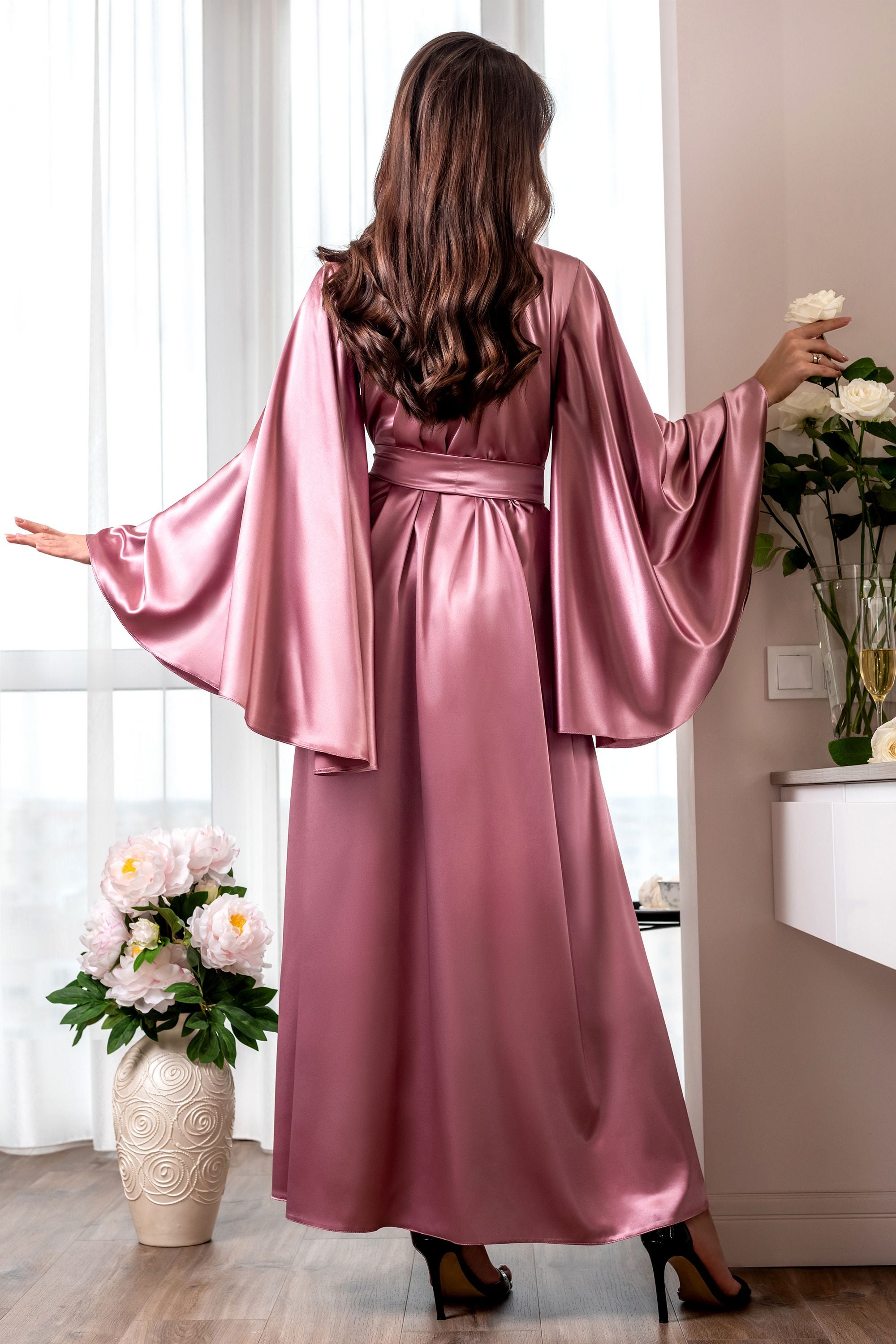 Freeze pink satin kimono sleeve robe for women