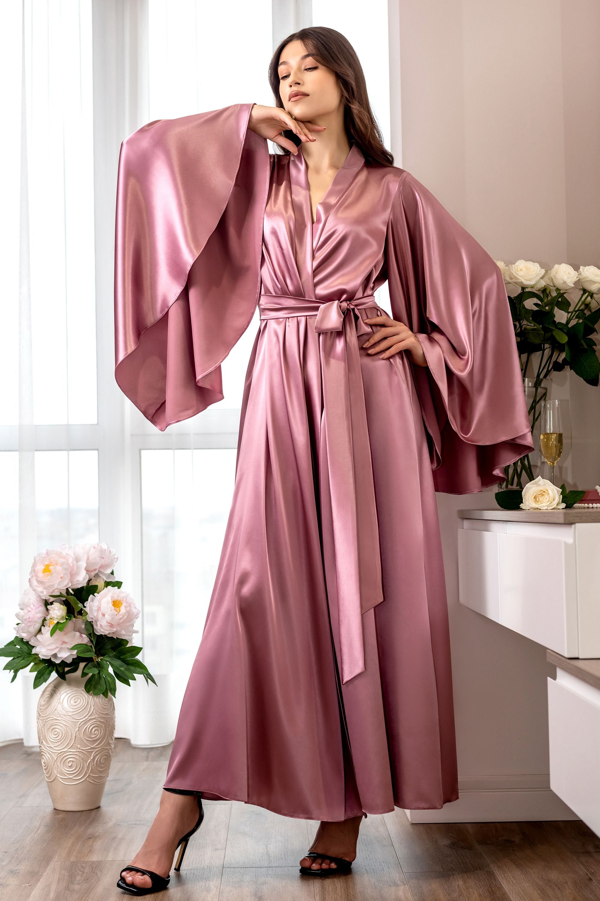 Floor-length dark pink satin robe for gifting and bridal moments