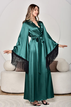 Woman green robe peignoir with black fringe trim 