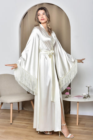 A delicate ivory satin robe with a romantic, vintage feel