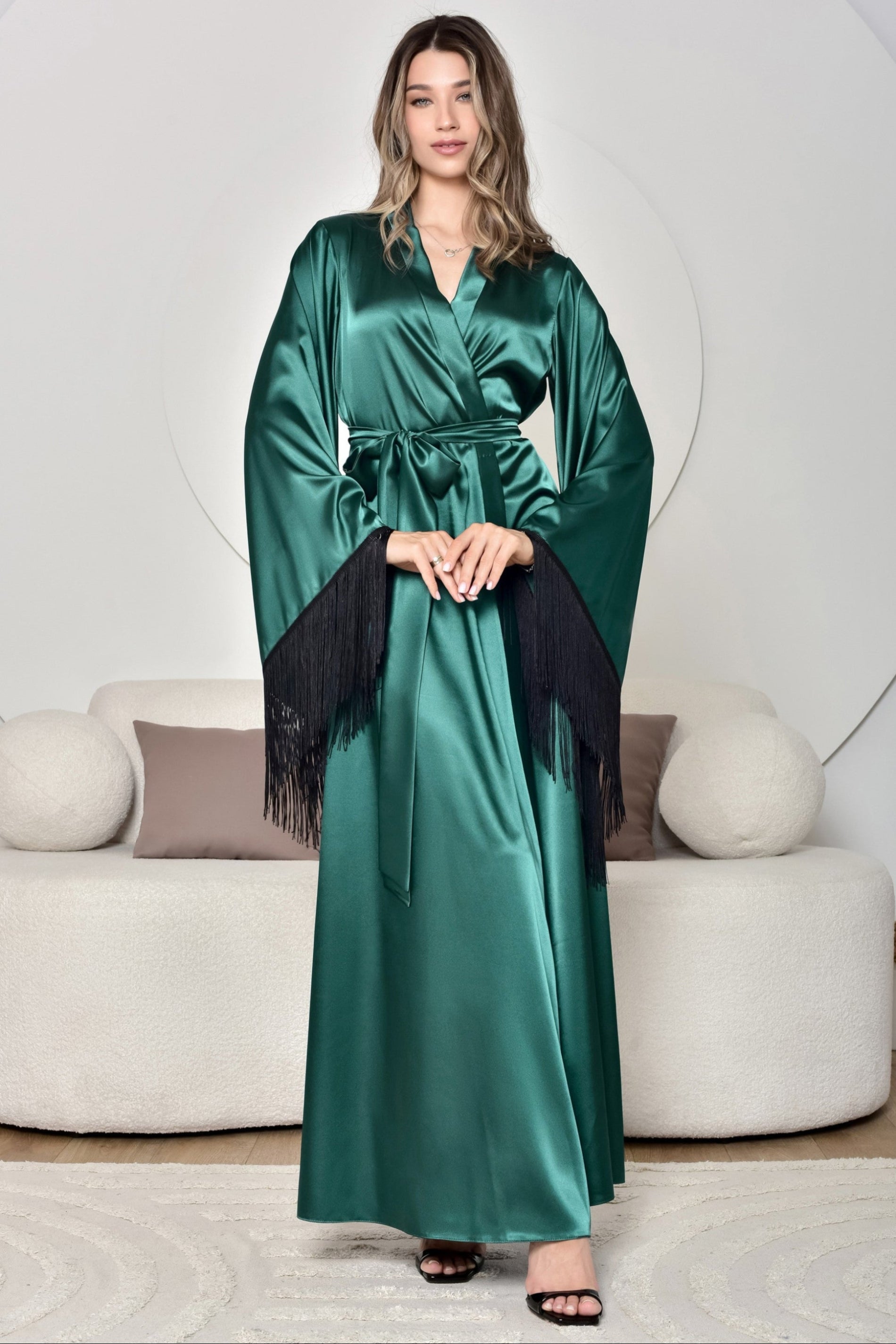 Green satin robe with a black shawl - photo product 2