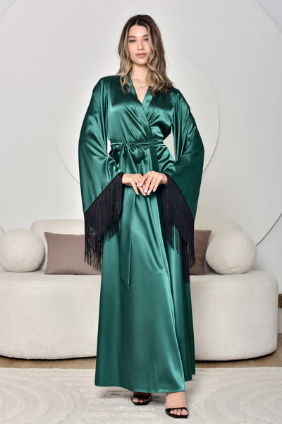 Dark Green Kimono Robe with Fringe Sleeves