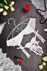 White lace and satin garter belt set with attached suspender straps