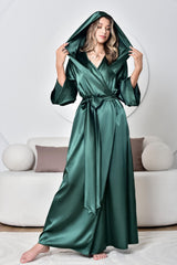 Woman green satin hooded robe with pockets tied with a belt
