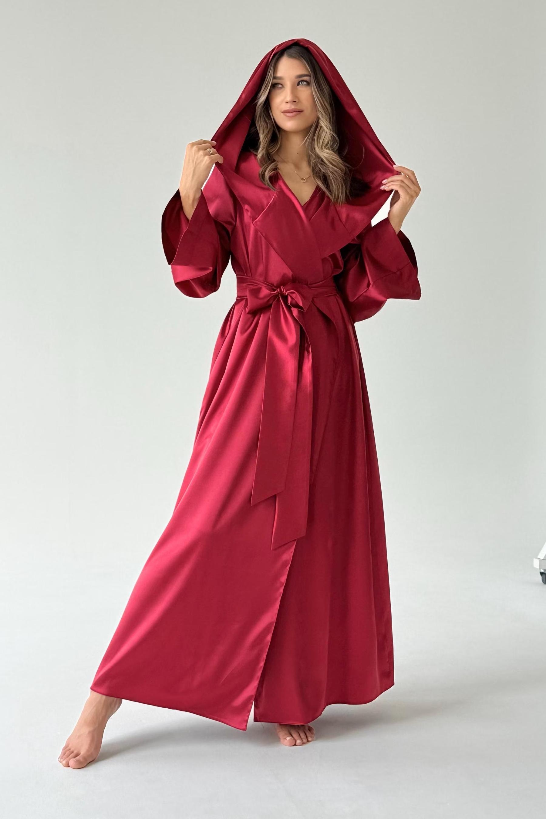 Burgundy Satin Hooded Robe Long Kimono Sleeve Dressing Gown XS/S / Burgundy Burgundy Satin Hooded Robe Long Kimono Sleeve Dressing Gown XS/S / Burgundy