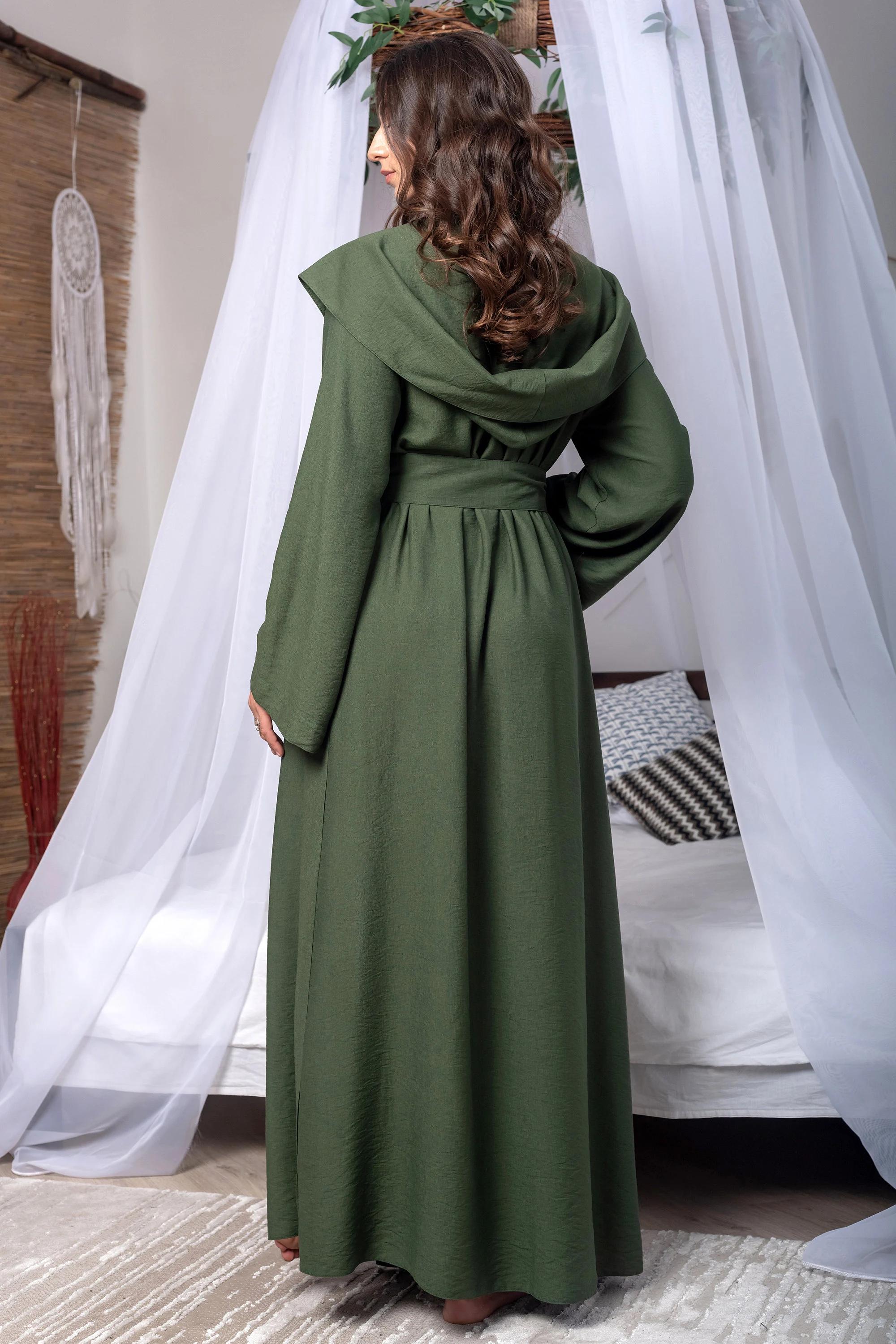 green hooded dress Dark Green Viscose Kimono with Hood