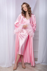 Pink satin nightwear set: Nightgown & Feather sleeve Robe