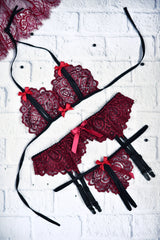 Lace Lingerie Set: Bra, Garter Belt and Crotchless Thong