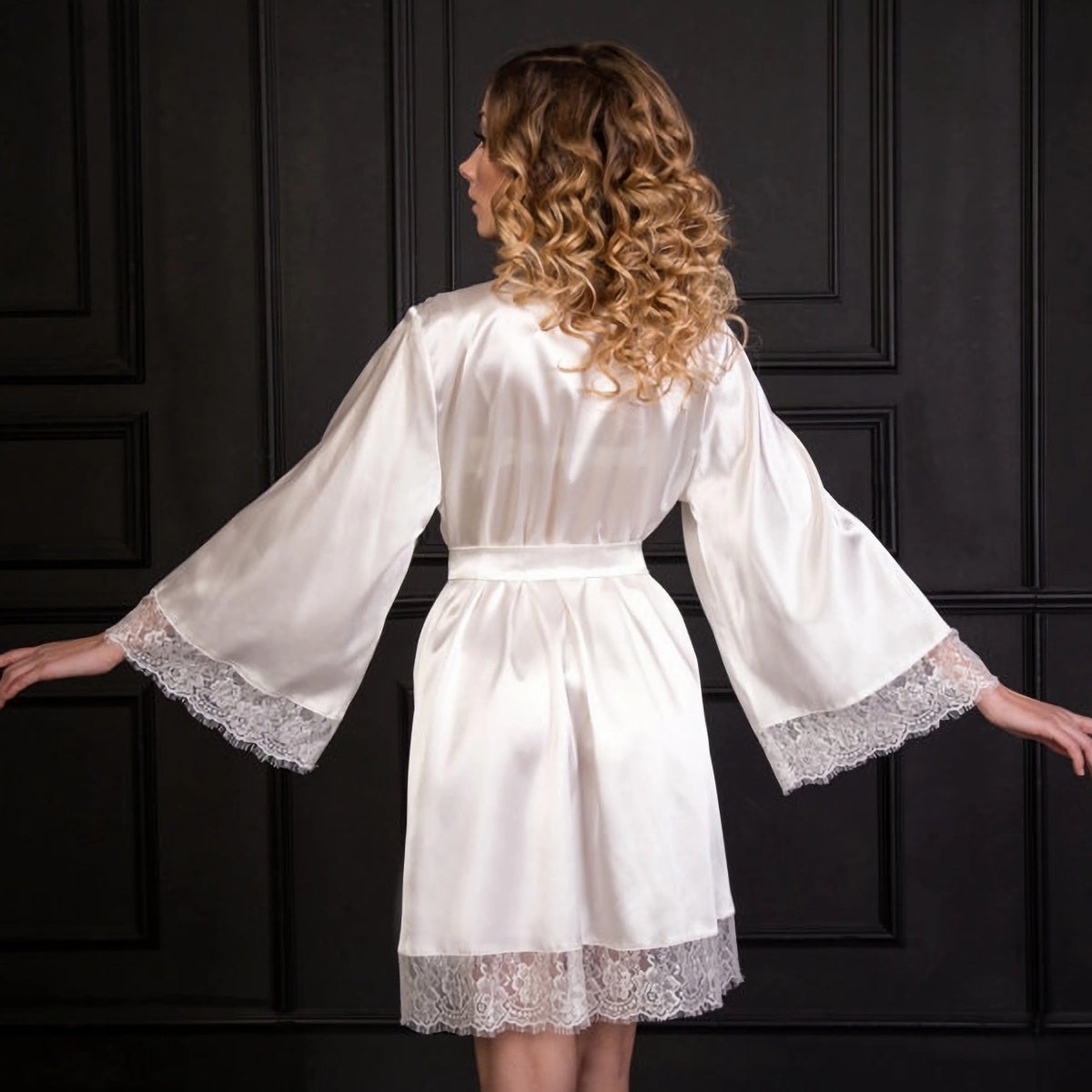 Bachelorette Party Gift: White Lace-Trimmed Satin Robe