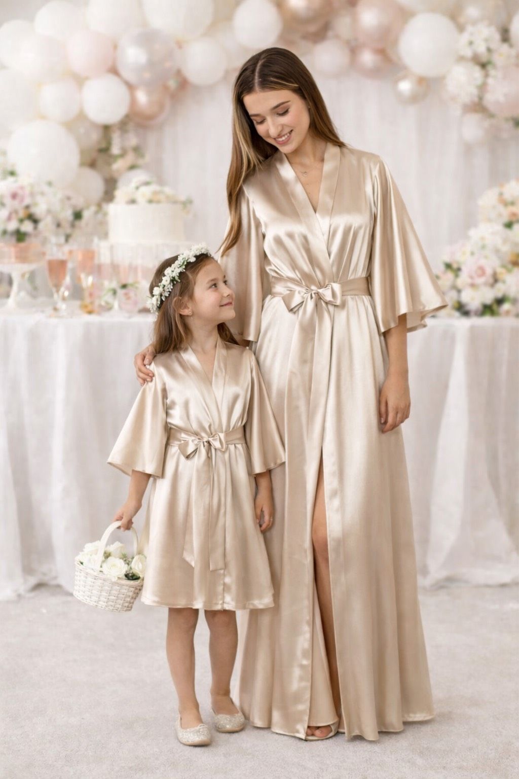 Junior flower girl wearing champagne beige satin robe at wedding