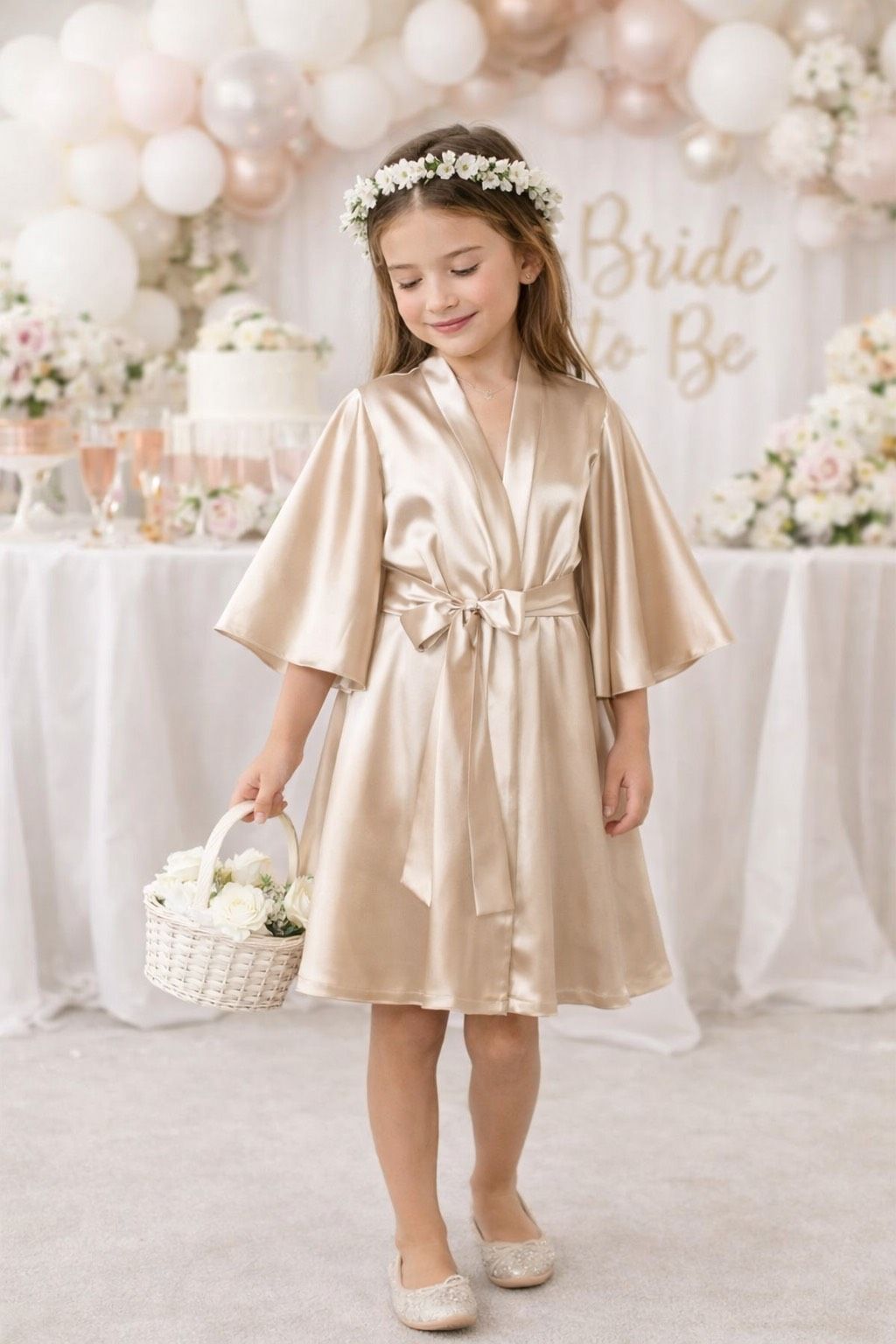 Bridal morning robe for flower girl in soft beige satin