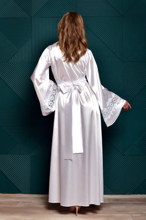 Handmade white satin peignoir robe with floral guipure lace - Perfect gift