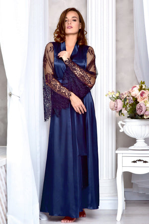 Navy Satin Bridal Robe - Timeless Beauty for Wedding Preparations