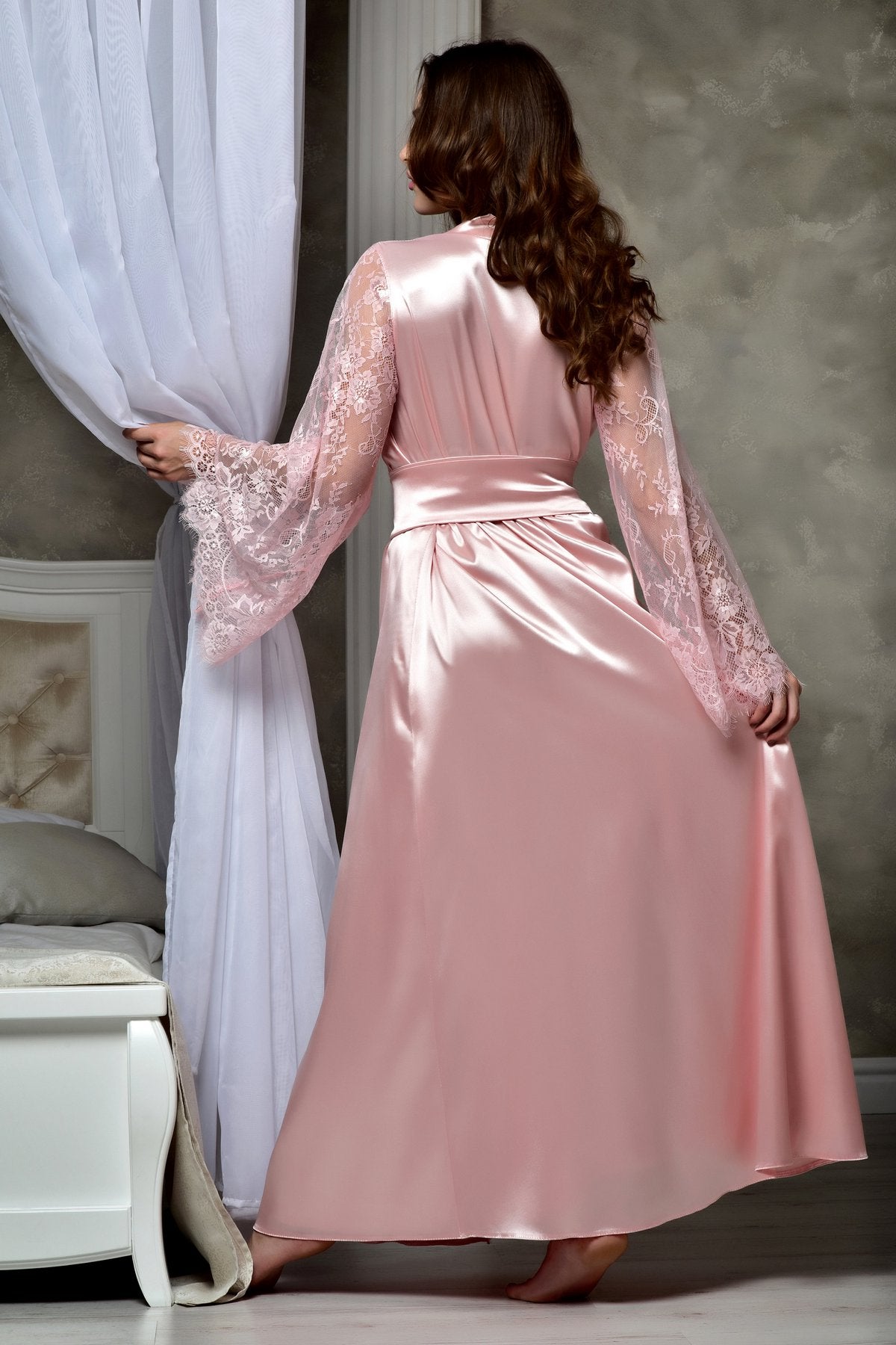 Floor-length Bridal Robe in Silky Satin with Lace