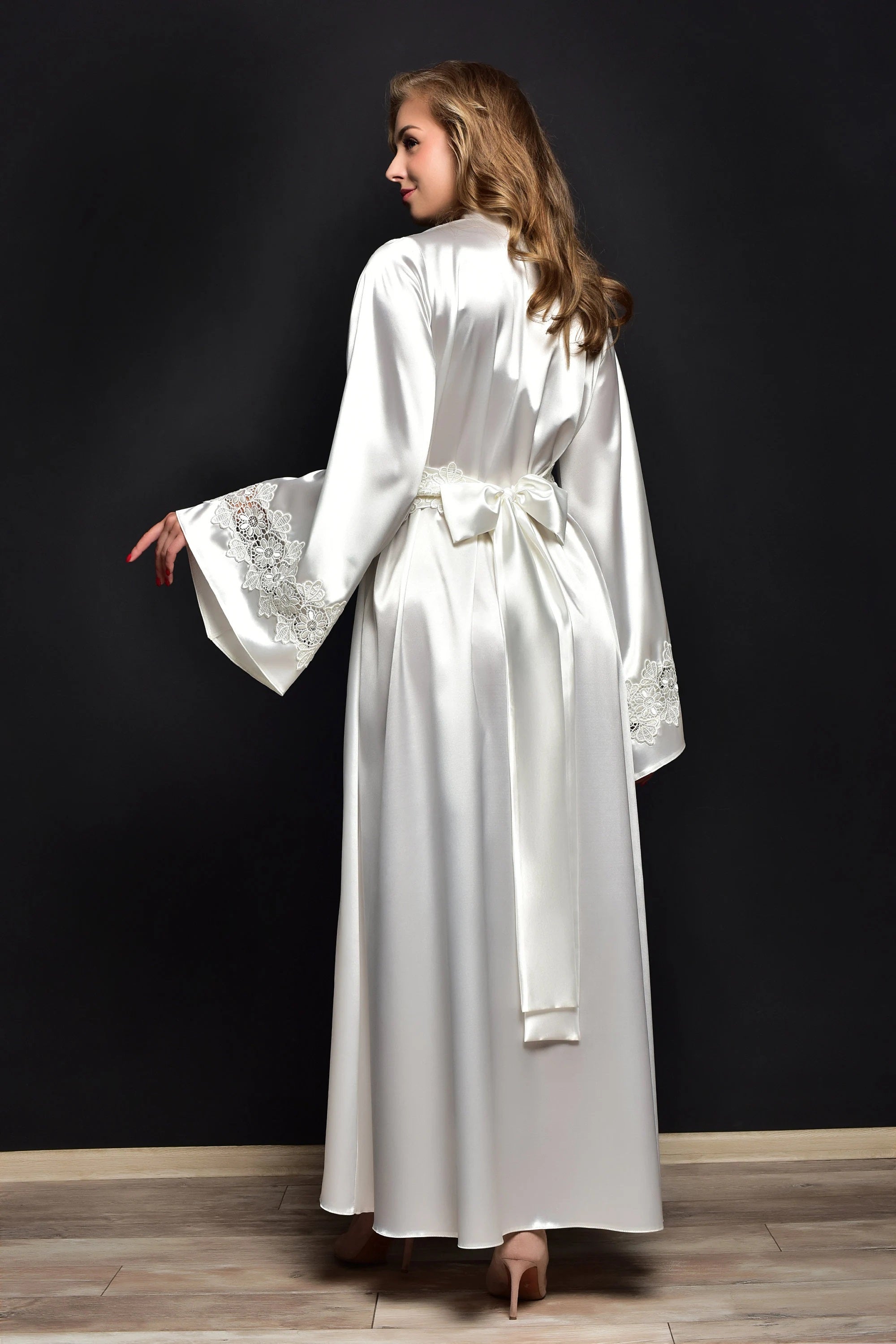 Ivory satin robe with Venetian lace on sleeves and belt
