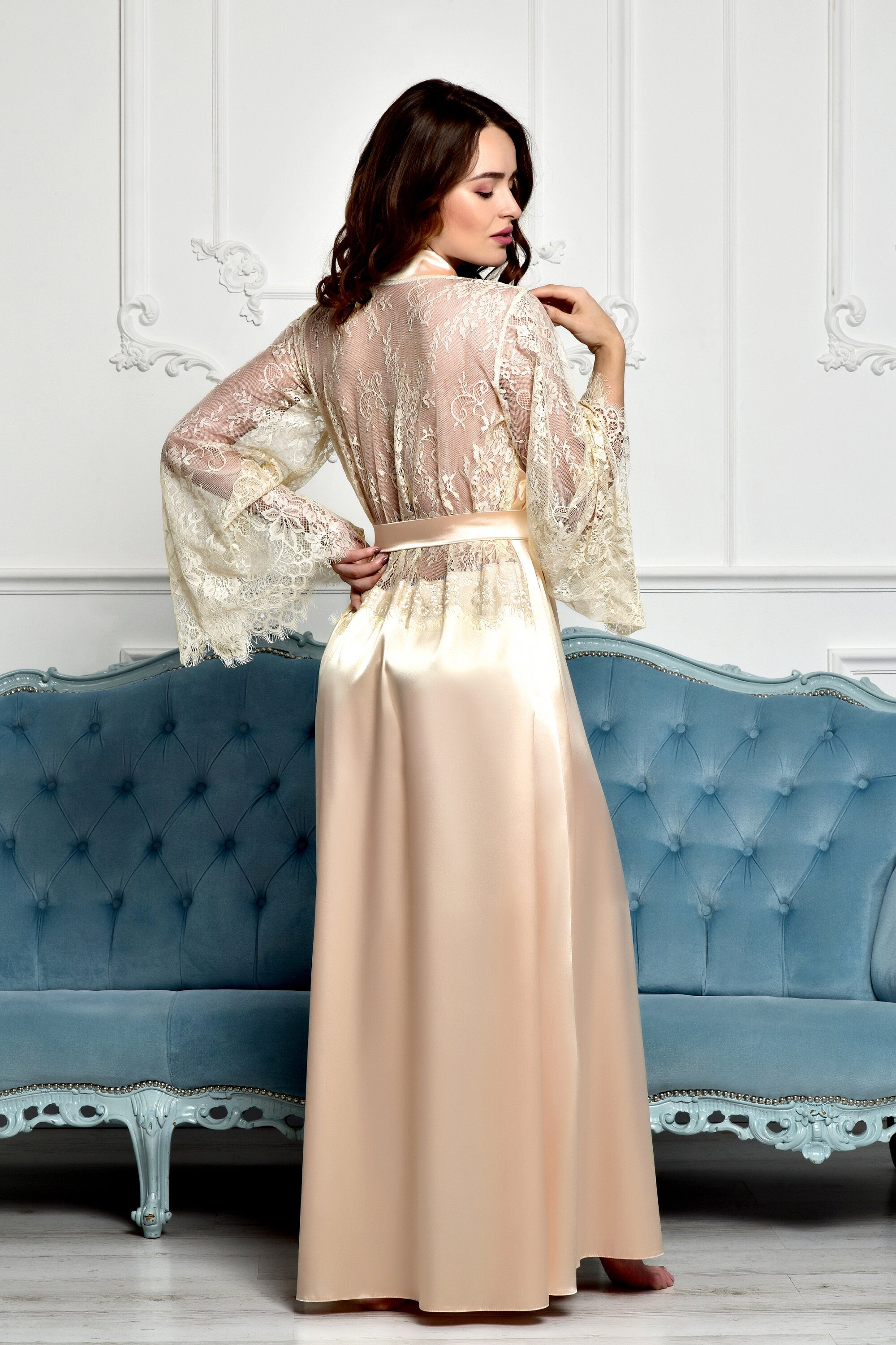 Handmade bridal lace robe long length