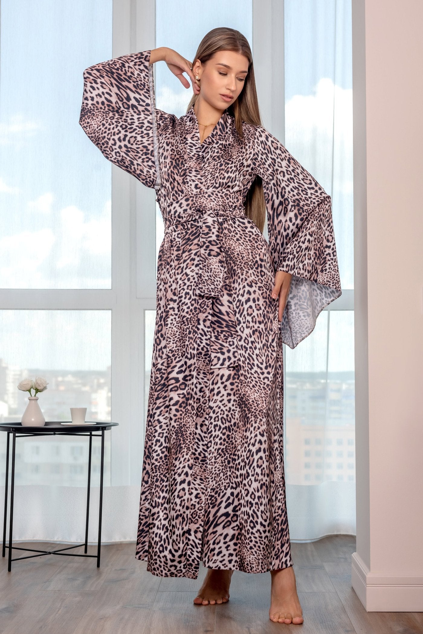 Faux silk leopard print robe