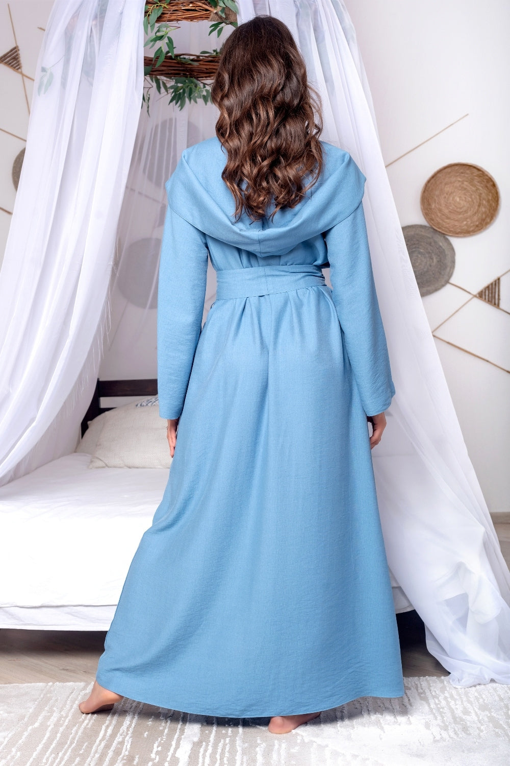 Exquisite Floor Length Linen Robe with Hood in Blue - Perfect for Gifts and Romantic Evenings