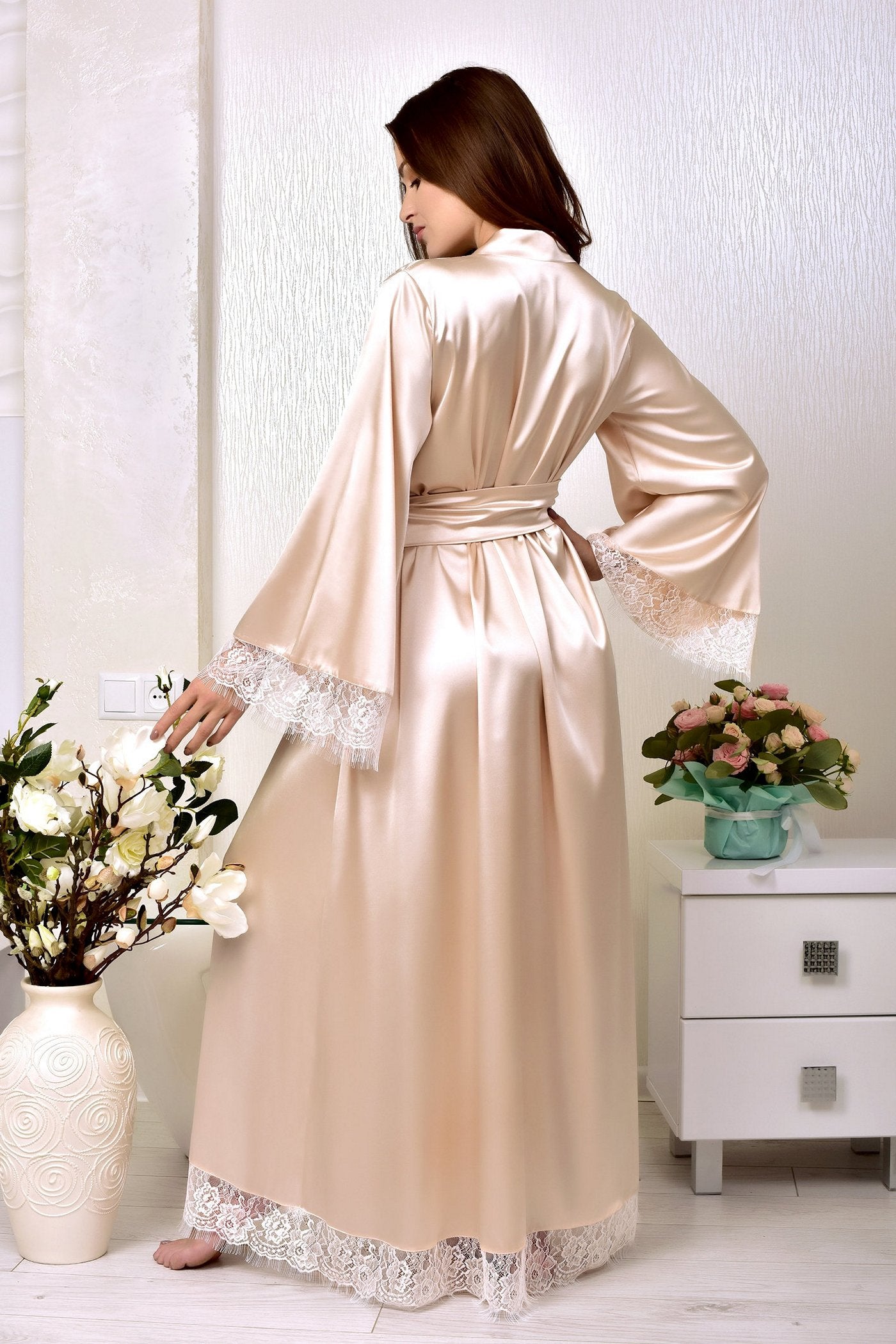 Sensual Beige Satin Robe - Floor-Length, Kimono Style, Lace-Trim
