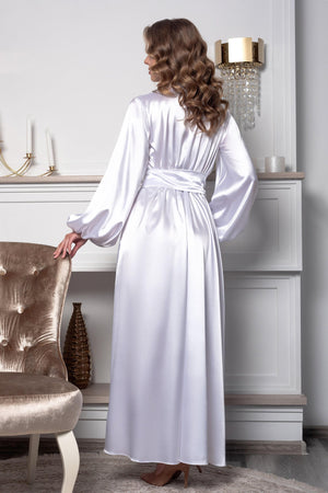Elegant white satin maxi robe with high slit – bridal morning outfit