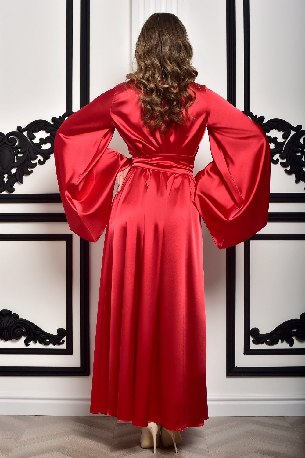 Chic and stylish red satin kimono dressing gown, ideal for bridal party pampering