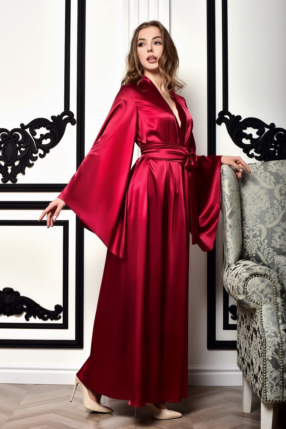 Burgundy robe adorned with delicate kimono motifs, a must-have for bridal party glam